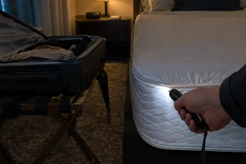 A hand shining a flashlight along a mattress seam beside an open suitcase on a luggage rack