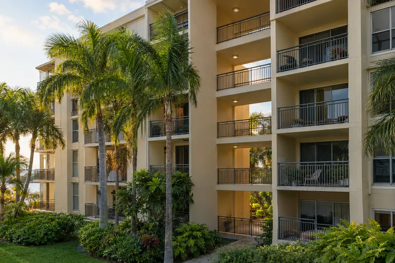 Balconies on a South Florida condo building surrounded by palms in late afternoon light