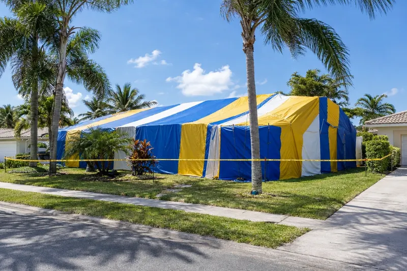 A South Florida house covered by a blue and yellow striped fumigation tent