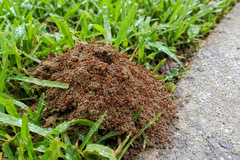 A fire ant mound of loose dirt in the grass beside a sidewalk, covered in ants