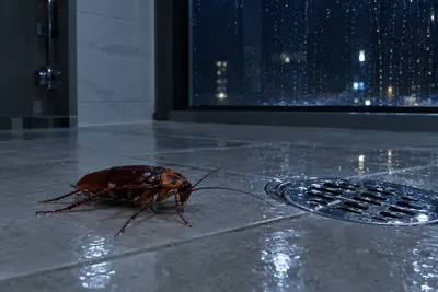 A large American cockroach on wet bathroom tile beside a floor drain at night