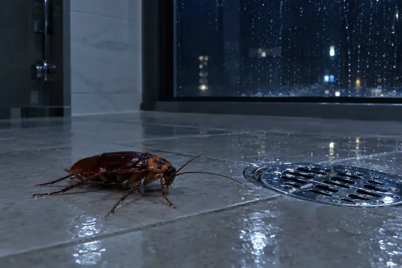 A large American cockroach on wet bathroom tile beside a floor drain at night