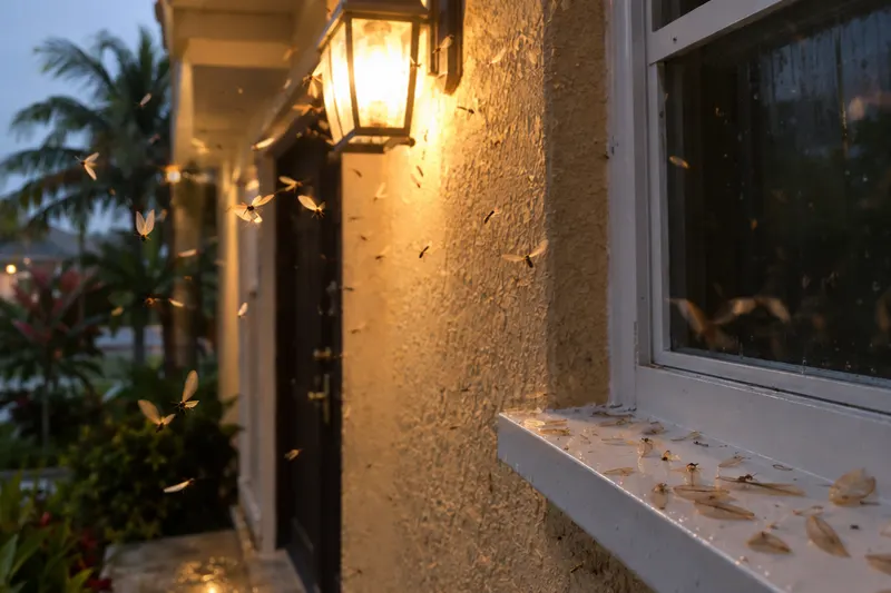 Winged termite swarmers flying around a porch light at dusk, with shed wings on the windowsill below