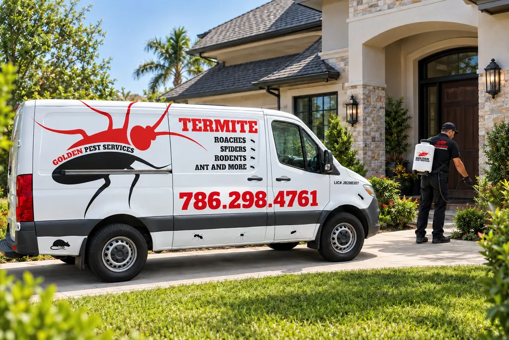 Golden Pest Services van in a South Florida driveway while a technician treats the landscaping around the home