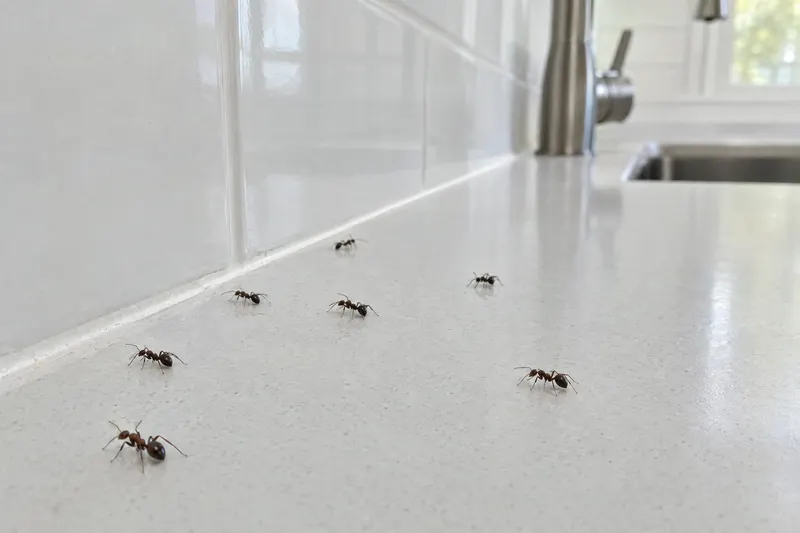 A few ants walking on a clean kitchen countertop by the backsplash