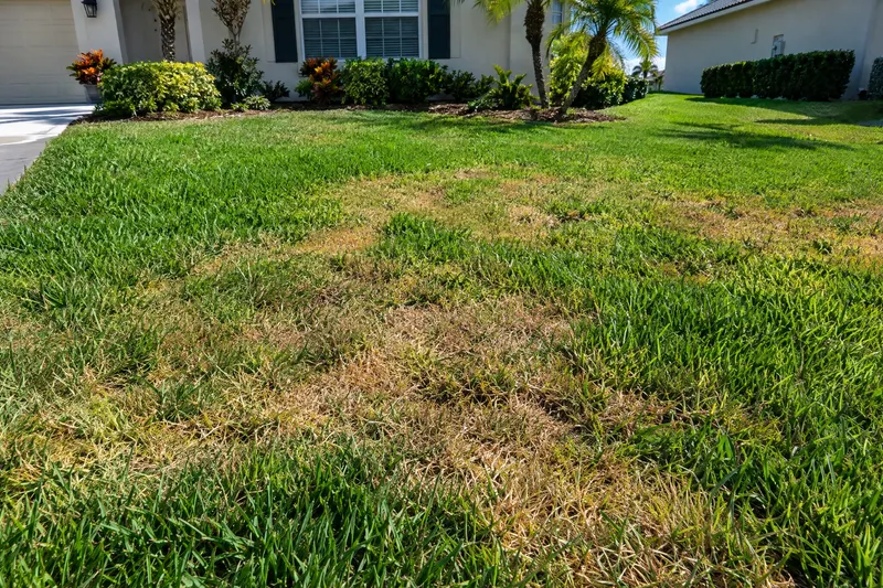 A St. Augustine lawn with brown patches from chinch bug damage