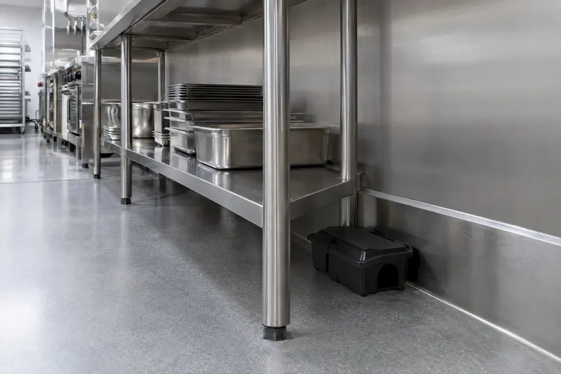 A pest bait station along the wall of a clean commercial kitchen